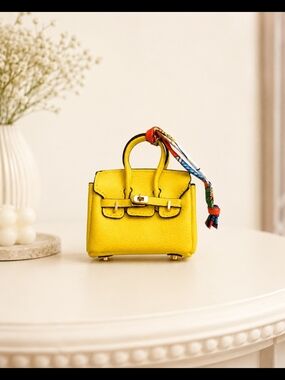 Luxury Yellow Mini Top-Handle Leather Handbag with Scarf Accent Charm
